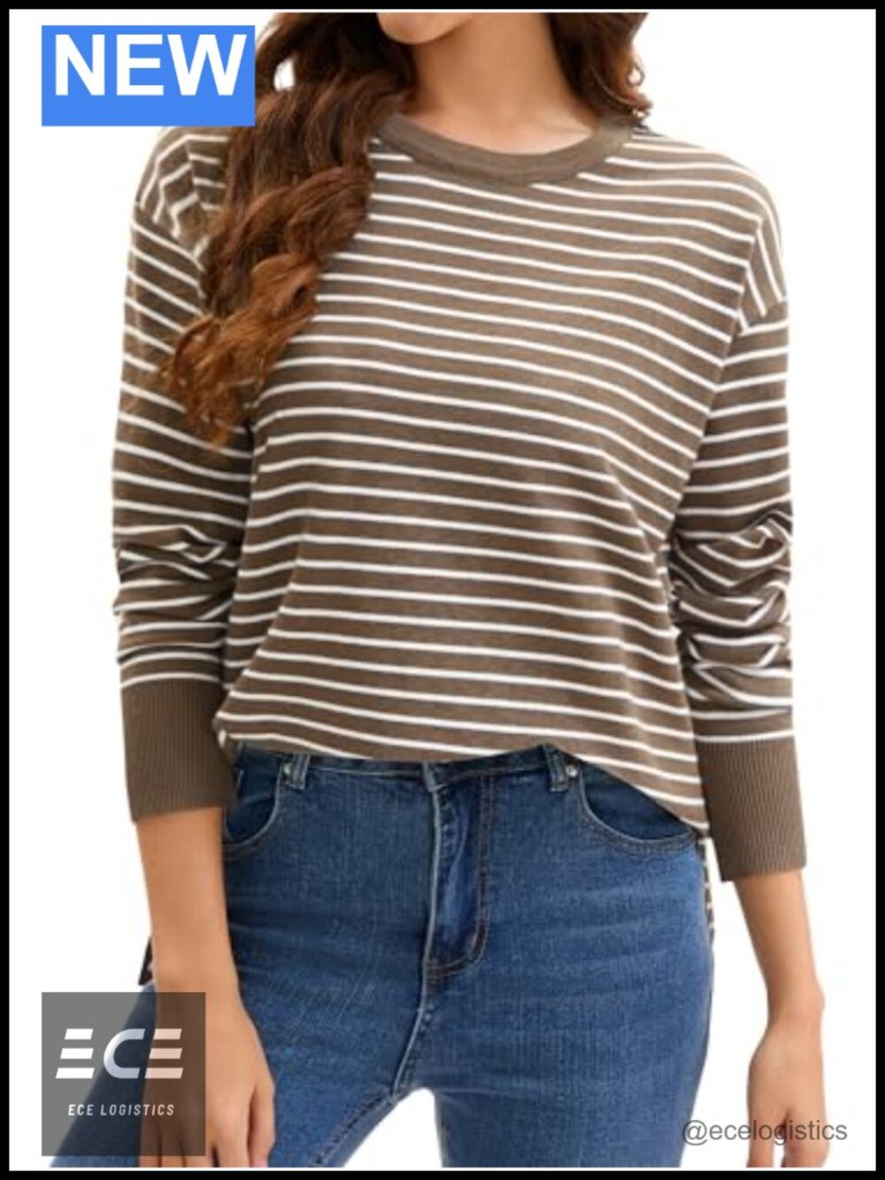 Womens Striped Knit Pullover Sweater Crew Neck Side Slits Oversized Fall